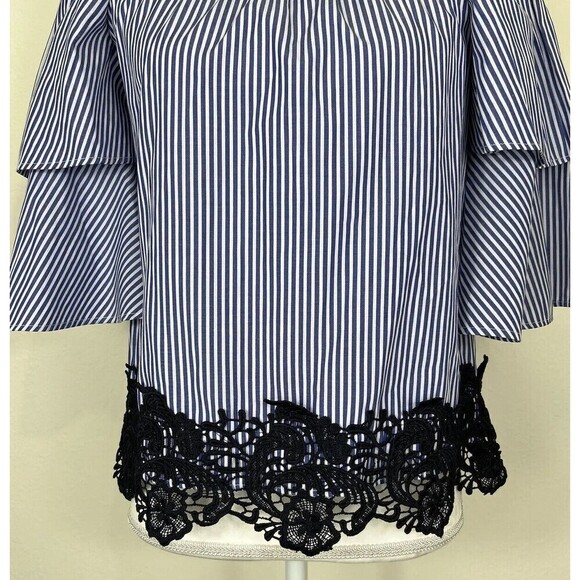 ZARA Blue & White Striped Off the Shoulder Puff Sleeve Lace Blouse Size Medium - Picture 13 of 13
